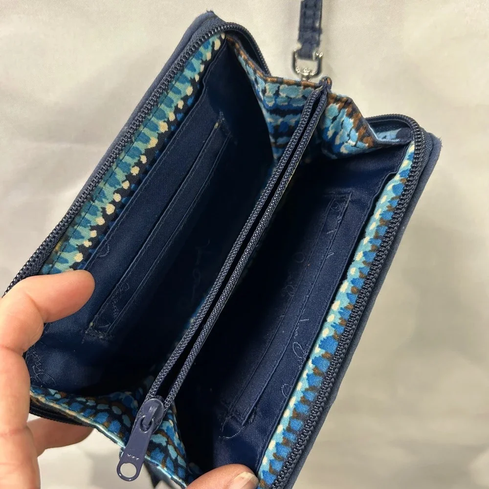 Vera Bradley Dark‎ Blue Light Blue Brown Floral ID Wallet Holder Wristlet Wallet